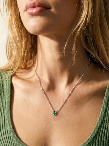Silvora Heart/Round Birthstone Necklace for Women, Sparkling Crystal Pendant, Dainty Birth Month Jewelry, Adjustable 16"+2" Chain - color: Silver, style: May Round
