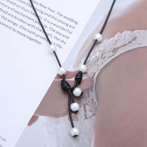 Vintage Black Leather Pearl Choker Necklace Leather Y Lariat Necklace Pearl Tassel Drop Necklaces Gothic Suede Rope Necklaces Jewelry for Women (Pearl3)