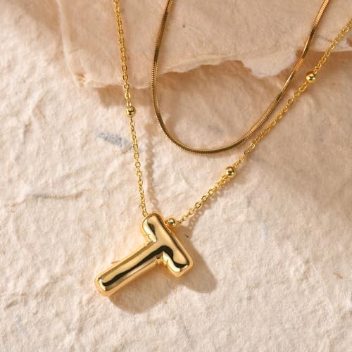 LUCA SMITH 2-Piece Initial Necklaces for Women, Dainty Balloon Bubble A-Z Letter Necklace Set, Name Letter Alphabet Pendant Layered Choker Necklaces Personalized Jewelry Gift - color: Gold bubble letter necklace, style: Initial Set-T