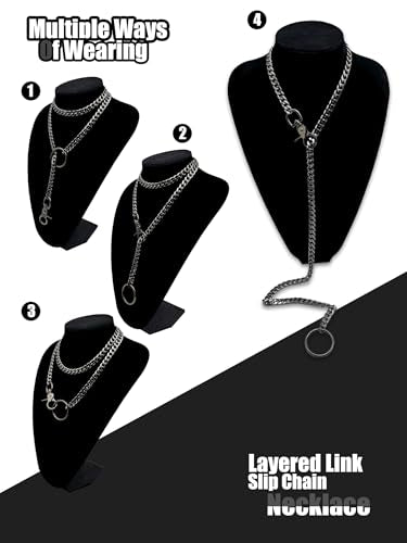 paloli Women's Slip Chain Rainbow Heart O-Ring Chunky Chain Necklace, Rays Cuban Long Layered Jewelry, Adjustable Lariat Y-Necklace Heart Loop Choker - color: N-Oring-Black