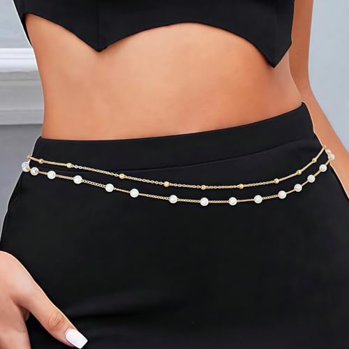 14K Gold Plated Waist Chain for Women, Layered Belly Body Chain | 2Pcs Adjustable Fit, Layered Design, Dainty Chain Styles, Bikini, Dress & Rave Outfits, Beach, Festival & Vacation - color: Gold-Plated 1