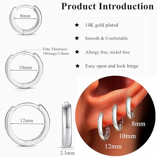 ORANGELOVE 3 Pairs 14K Gold Plated Huggie Hoop Earrings Set for Women or Men Lightweight Hypoallergenic Small Hoop Earring Pack Multiple Piercing Stacks Cartilage Piercing Jewelry - style: Silver-8/10/12mm