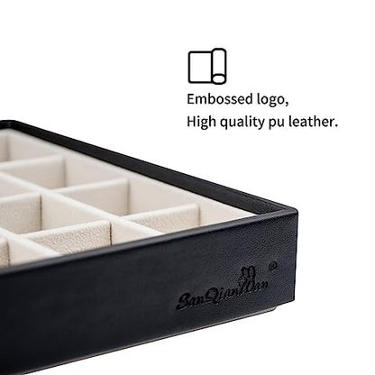 Leather Jewelry Organizer Trays Storage Drawer Display Case | Velvet Liner Stackable for Necklace,Rings and Earring (Black2) - color: Black2