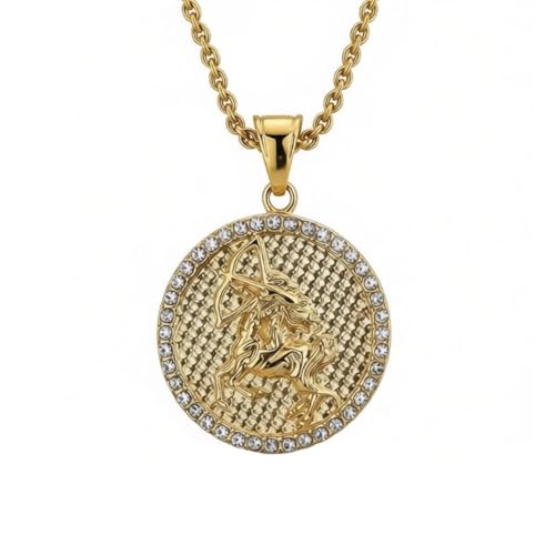 HIJONES Men's Women's Stainless Steel Zodiac Coin Embossed Necklace CZ Astrology Horoscope Pendant Necklace - color: Gold Sagittarius