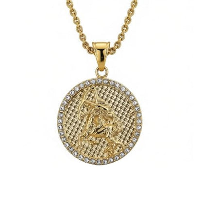 HIJONES Men's Women's Stainless Steel Zodiac Coin Embossed Necklace CZ Astrology Horoscope Pendant Necklace - color: Gold Sagittarius