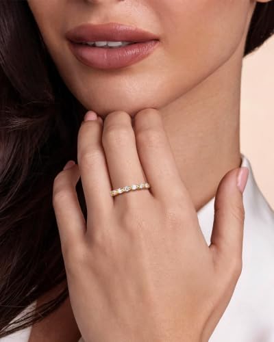 Stackable Half Eternity Rings for Women 14K Gold Plated Wedding Band | Cubic Zirconia/Emearld/Ruby/Sapphire 2.5mm Thin Promise Ring for Mom Wife friends - color: CZ/14K Gold Plated