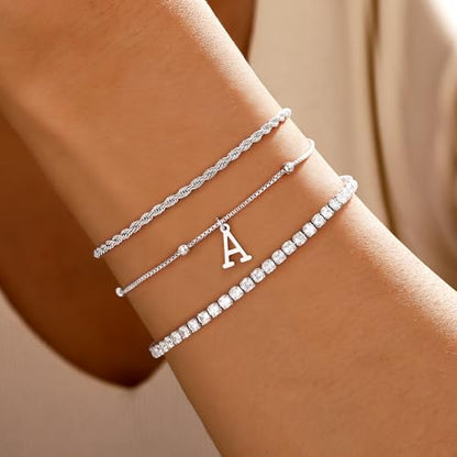 Gold Bracelets for Women Girls - Dainty Gold/Silver Bracelet Stack Jewelry Set Personalized Initial Bracelets Cute Stackable Rope Box Chain Tennis Bracelets Gifts for Women Teen Girl Gifts - color: A'-Silver