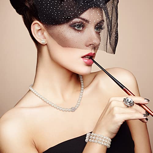 Glenmal Pearl Rhinestone Jewelry Set for Women Pearl Necklace Bracelet Earrings for Wedding Halloween Bridal Shower Tea Party - style: Elegant Style