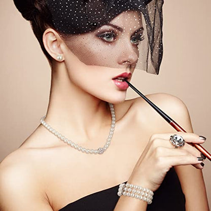 Glenmal Pearl Rhinestone Jewelry Set for Women Pearl Necklace Bracelet Earrings for Wedding Halloween Bridal Shower Tea Party - style: Elegant Style
