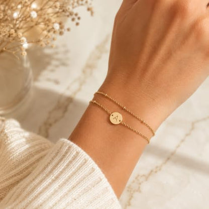 Glimmerst Initial Bracelet for Women 18K Gold Plated Stainless Steel Layered Coin Letter Bracelet Beaded Chain Personalized Name Bracelet - color: H Gold