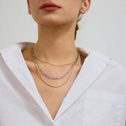 Stackable Chains Women 18K Plated Box Cuban Paperclip Layered Chain Choker Necklace Gold Silver Multi Chain Mixed Metal Stack Chains Set for Women - color: box chain necklace