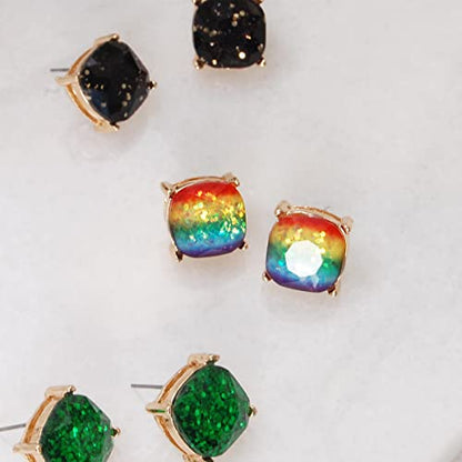 Large Square Stud Earrings for Women - Big Sparkly Rhinestone Studs | Plated in Gold Tone or Silver Tone, Hypoallergenic and Safe for Sensitive Ears - color: Rainbow Glitter