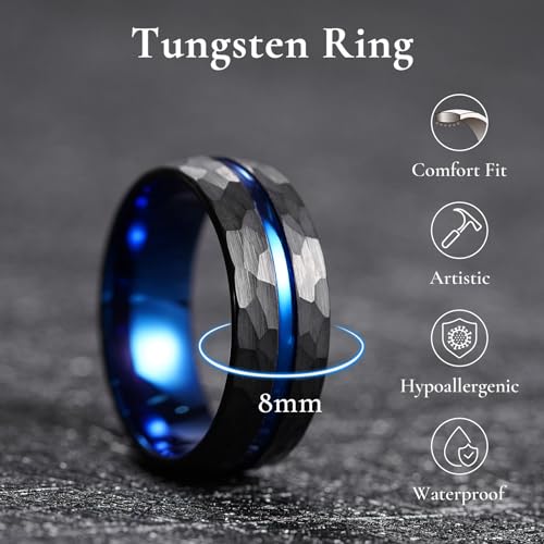 King Will Men's Tungsten Carbide Wedding Ring Hammered Groove Wedding Band Mens Two Tone Engagement Ring for Men and Women Matte Brushed Finish Comfort Fit - color: 8mm Black & Blue - Groove