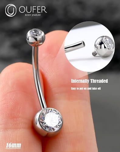 OUFER Belly Button Rings Surgical Steel, Internally Threaded Belly Rings | 14G Belly Piercing Jewelry, 10/12/14/16mm Beachy Belly Button Rings, Silver/Gold Navel Piercing Jewelry For Women Men - color: Clear, size: 14G 16MM