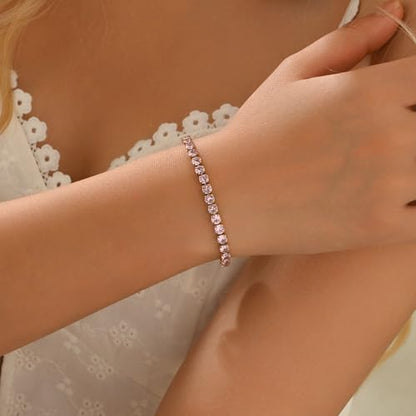 18K Gold Plated Tennis Bracelets for Women, Adjustable Cubic Zirconia Bracelet with Multi-color 4mm CZ Diamond Paperclip Chain, Dainty Trendy Birthday Bridal Jewelry Gifts for Women Daily Party Wear - color: Pink