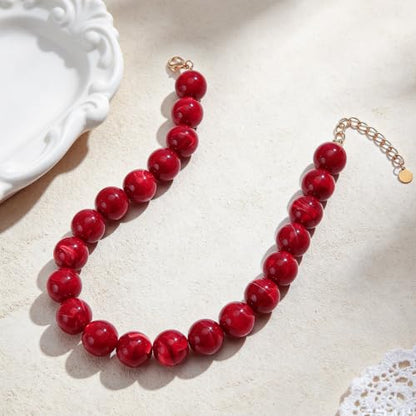 Chunky Beaded Necklace for Women Trendy Boho Collar Statement Necklace Large Round Resin Beads Choker Necklaces Summer Beach Jewelry Gifts - color: Red