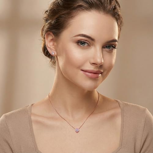 925 Sterling Silver Cubic Zirconia Necklace and Earrings Set for Women, Heart, Cushion, Round, Emerald Cut CZ, Solitaire Bezel Jewelry Set, CZ Bridal Jewelry Set, Bridesmaid Gift - style: Heart Cut(Rose Gold)