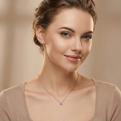 925 Sterling Silver Cubic Zirconia Necklace and Earrings Set for Women, Heart, Cushion, Round, Emerald Cut CZ, Solitaire Bezel Jewelry Set, CZ Bridal Jewelry Set, Bridesmaid Gift - style: Heart Cut(Rose Gold)
