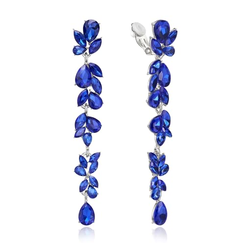 Crysdue Clip On Earrings for Women Rhinestone Crystal Teardrop Cluster Wedding Bridal Non Pierced Long Dangle Earring for Prom Party - color: Navy Blue Silver-Tone