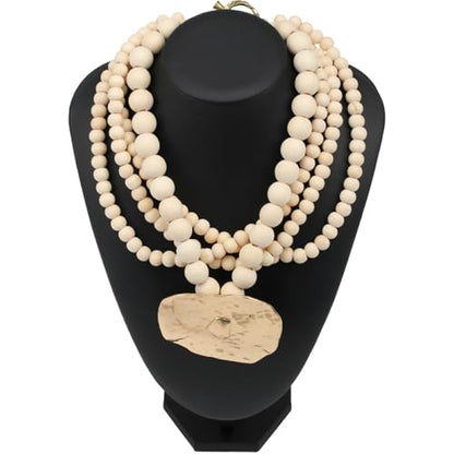 Multi Strand Bead Pendant Necklace for Women Stone Wood Pearl Jewelry | Gold Color Metal Charm Fashion Ethnic Tribal Elegant Statement - color: N1537-wood