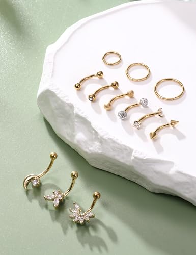 Ubjuliwa 12pcs 16G Rook Piercing Jewelry Eyebrow Rings Stainless Steel Belly Lip Ring Cartilage Hoop Rook Daith Earrings Tragus CZ Body Piercing Curved Barbell
