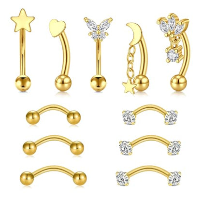 VCMART 16g Rook Earring Piercing Jewelry Stainless Steel Curved Barbell Eyebrow Rings Piercing Jewelry Vertical Labret Lip Jewelry Ear Rook Daith Surface Tragus Small Belly Button Ring for Women Men - color: B1 -gold
