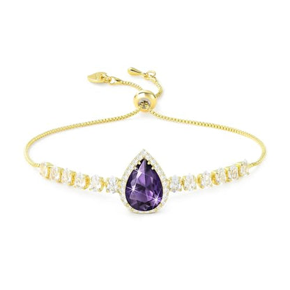 Linawe Crystal Imitation Diamond Rhinestone Charm Bracelets for Women, Gold/Silver/Rose Gold Adjustable Chain Bracelet, Teardrop Birthstone Cubic Zirconia Prom Costume Wedding Jewelry - color: Gold,Feb