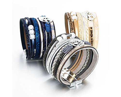 Fesciory Leather Wrap Bracelets for Women, Boho Western Layered Jewelry | Layered leather cuff bracelets, Easy on and off, Boho western style, Daily wear, Gift for women - color: Blue 3