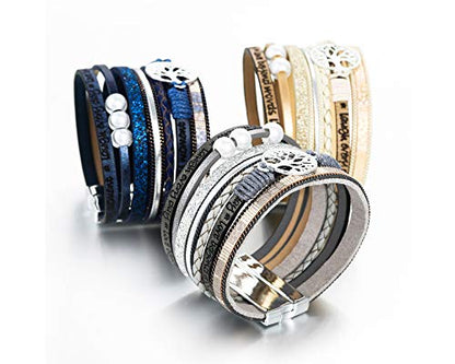 Fesciory Leather Wrap Bracelets for Women, Boho Western Layered Jewelry | Layered leather cuff bracelets, Easy on and off, Boho western style, Daily wear, Gift for women - color: Blue 3