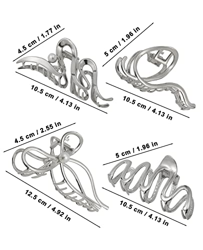 HAIMEIKANG 4 PCs Metal Hair Claw Clips - Irregular Large Clips for Women, Non-Slip Styling Accessories for Thick and Thin Hair (Silver) | Durable Metal Hair Clips for Thick or Thin Hair. Non-slip Silver Bow Claw Clips for Daily Wear, Party & Styling