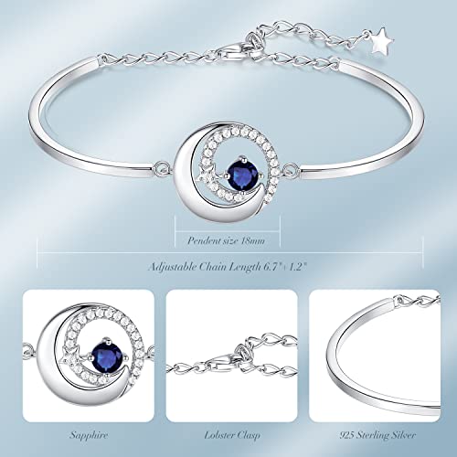 FANCIME Birthstone Bracelets 925 Sterling Silver Moon and Star Bangle Charm Bracelet Fine Jewelry Anniversary Birthday Mothers Day Gifts for Mom Her Women, Adjustable Chain 6.7"+1.2" Extend - color: Sep.- Sapphire