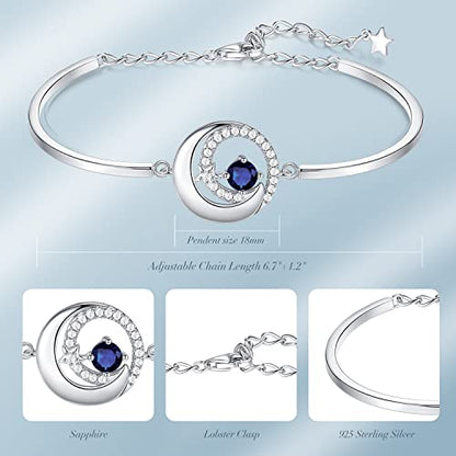 FANCIME Birthstone Bracelets 925 Sterling Silver Moon and Star Bangle Charm Bracelet Fine Jewelry Anniversary Birthday Mothers Day Gifts for Mom Her Women, Adjustable Chain 6.7"+1.2" Extend - color: Sep.- Sapphire