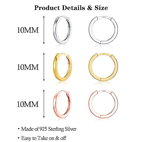 3 Pairs 925 Sterling Silver Hoop Earrings 14K White Gold Plated Small Silver Hoops Cartilage Huggie Earrings for Women Men - color: G-3 Colors 10mm