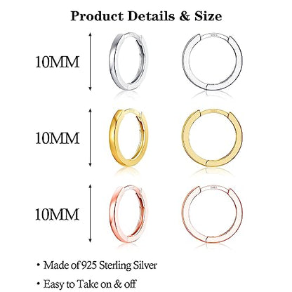 3 Pairs 925 Sterling Silver Small Huggie Hoop Earrings for Women Men | 14K White Gold Plated, Hypoallergenic, Small Silver Hoops - color: G-3 Colors 10mm