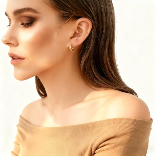 Chunky Small Hoop Earrings for Women 14mm/16mm/19mm Stainless Steel Huggie Earrings Everyday Jewelry Gift for Wife Mom, with Gift Box - color: Gold 16mm