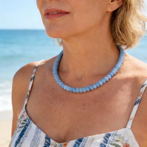 Beaded Necklace for Women,Natural Gemstone Necklace for Women,Colorful Bead Choker Necklace Handmade Surfer Beach Necklace Trendy Jewelry Gift for Women - style: 5x8MM Aquamarine