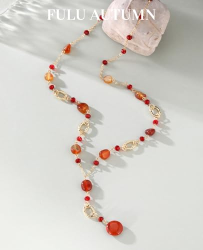 FULU AUTUMN Long Gold Beaded Necklaces for Women Natural Stone Bead Statement Pendant Necklace Y Sweater Chain Fashion Jewelry Gifts - color: Red