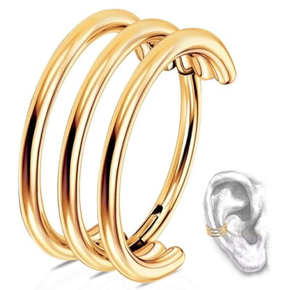 G23 Titanium Conch Piercing Jewelry Hoop: 16G 8mm/10mm/12mm Diamond Cartilage Earring Helix Double Piercing Hoop Septum Rings Hypoallergenic Nose Rings Hinged Segment Clicker Lip Rings Rook Daith Tragus Earrings - color: Gold-Triple Layers