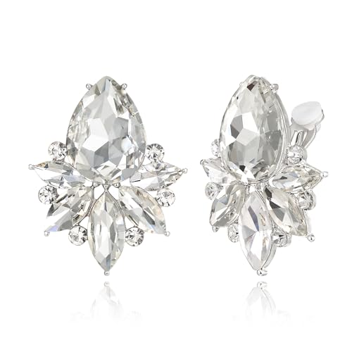 Flyonce Vintage Rhinestone Clip On Stud Earrings, Non-Piercing | Fancy Crystal Cluster, Teardrop Art Deco, Non Pierced, For Wedding Bridal Brides, Formal, Hypoallergenic - color: Clear Silver-Tone