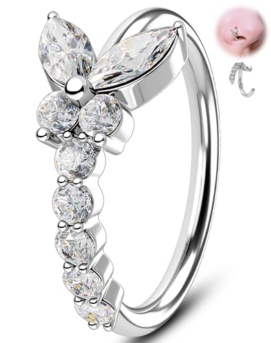 Melighting 20G Butterfly Nose Ring Hoop 8 mm Open Seamless Nose Piercing Jewelry Surgical Steel 316L, Twist Nostril Ring with Marquise and Round CZ, Silver Flower Body Piercing for Women - style: Butterfly
