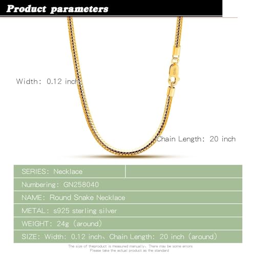Dankadi Italy 925 Sterling Silver Snake Chain Necklace Men & Women 3MM-4MM Rolo Link Round Chain Chokers 18 "20" 22 "24" 26 "28" 30" Unisex Fine Jewelry Gift - size: 16 inches, style: 3MM Gold