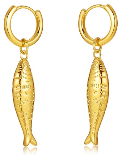 Evabelle Gold Hoop Earrings for Women 14K Real Gold Plated Cubic Zirconia Diamond Hoop Earrings Huggie Hoop Earring Women Earrings Earring for Men 925 Sterling Silver Post Hypoallergenic - color: Hoops 16-Fish Earrings