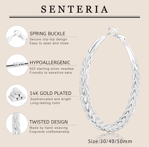 Senteria 925 Sterling Silver Post Twisted Hoop Earrings for Women 30-50MM | Hypoallergenic Large Silver Hoop Earrings for Women,Lightweight Thick Weave Braid Hoops,Nickel Lead-Free for Sensitive Ears - color: 30MM Silver