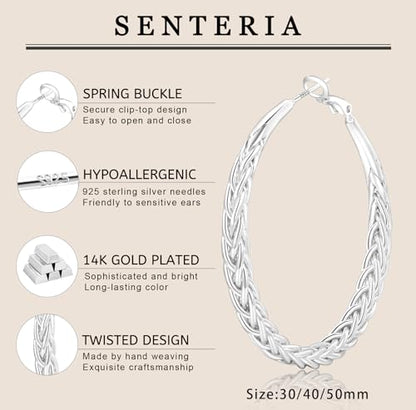 Senteria 925 Sterling Silver Post Twisted Hoop Earrings for Women 30-50MM | Hypoallergenic Large Silver Hoop Earrings for Women,Lightweight Thick Weave Braid Hoops,Nickel Lead-Free for Sensitive Ears - color: 30MM Silver