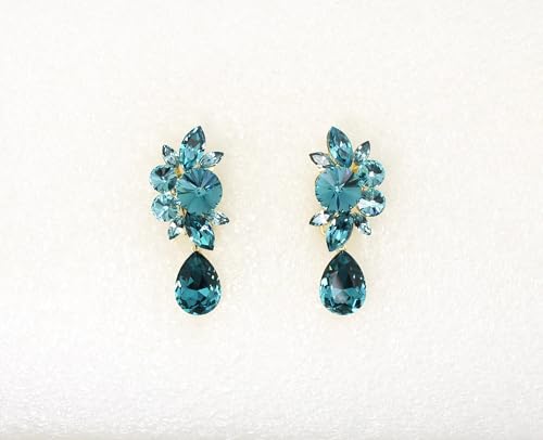 Faship Statement Dangling Floral Clip On Earrings For Women - color: Teal / 14K gold plated