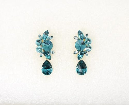 Faship Statement Dangling Floral Clip On Earrings For Women - color: Teal / 14K gold plated