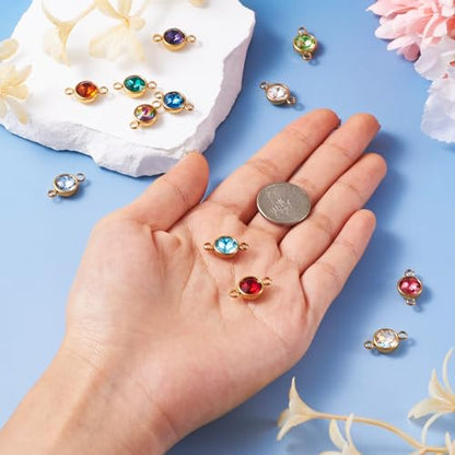 Pandahall 12Pcs Flat Round Birthstone Charms Glass Rhinestone Links Crystal Birthstone Charms Stainless Steel Connector Pendants 12 Colors for Earring Necklace Bracelet Keychain Making