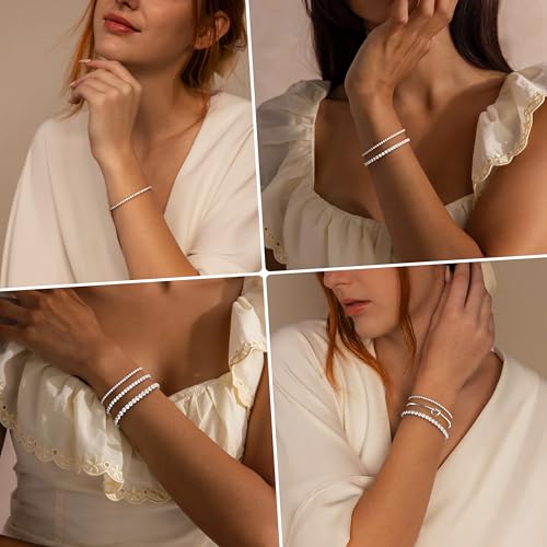 925 Sterling Silver Bracelets for Women Stack, Trendy Tennis Bangle Cuff Jewelry Set 14K Gold Plated, Adjustable Bracelet Set for Wrist Essentials, Women Fashion Watch Band Acecessories - style: Bracelet_3pcs(Silver Tennis Set)