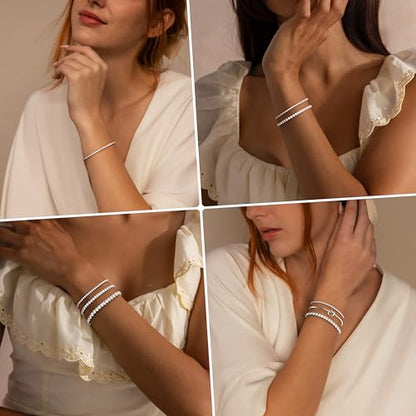 925 Sterling Silver Bracelets for Women Stack, Trendy Tennis Bangle Cuff Jewelry Set 14K Gold Plated, Adjustable Bracelet Set for Wrist Essentials, Women Fashion Watch Band Acecessories - style: Bracelet_3pcs(Silver Tennis Set)