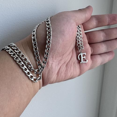 Stainless Steel Initial A-Z Necklace for Men Women,Cuban Chain,Titanium Steel Initial Letter Pendant Charm Necklaces Accessories Jewelry for Woman Man,21 Inch Chain - color: E